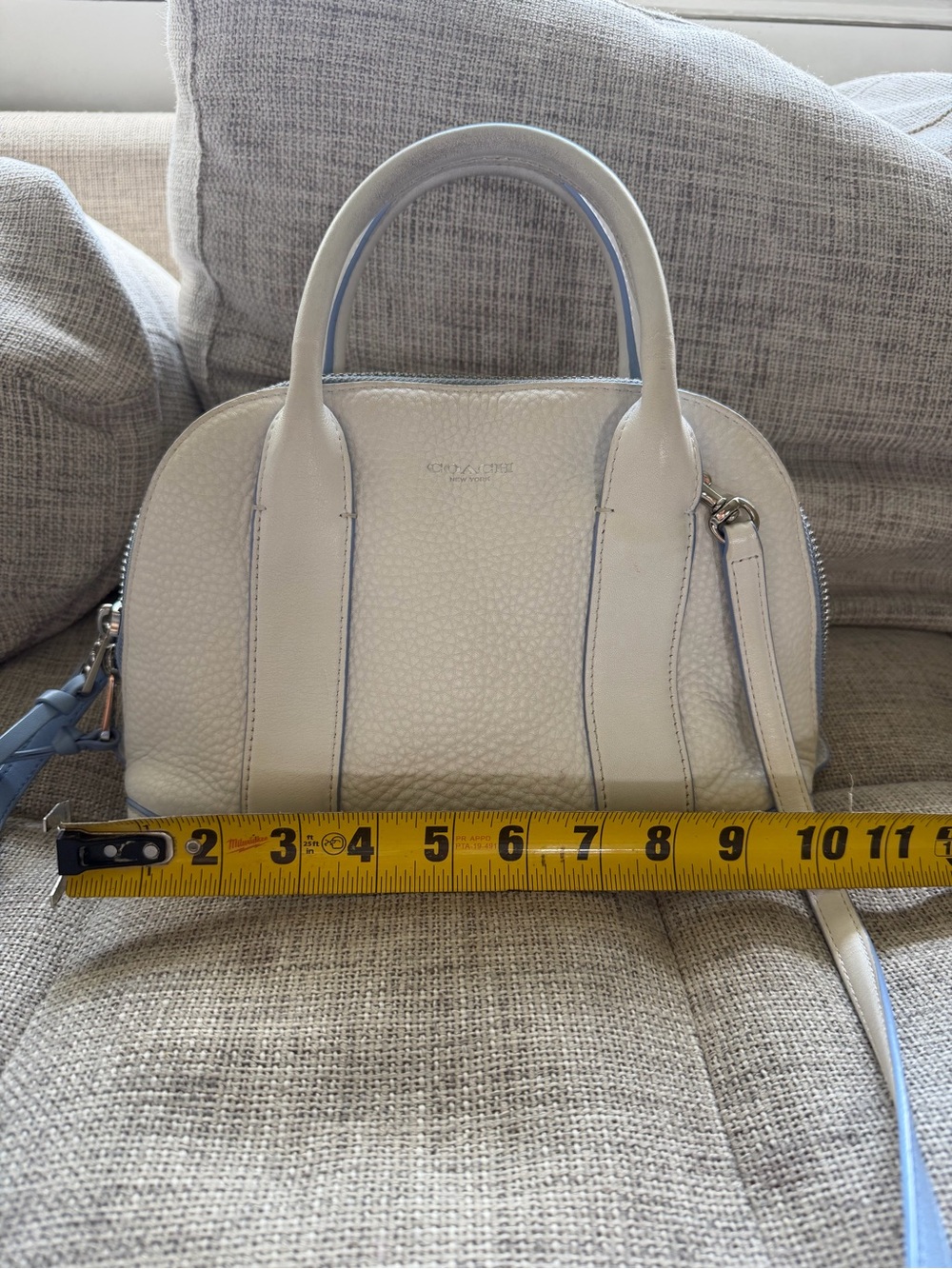 Coach Pebble Leather Satchel White with Blue Trim